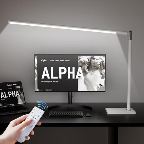 White 39.4 LED Desk Lamp for Home Office, Eye Caring Architect Desk Light with Remote, 3 Color Modes & 12 Brightness Levels, Adjustable Height 17.7-27.6, Study Lamp for Reading/Work (White)