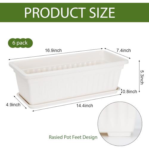 HOXHA 6 Pack Window Box Planter, 17 Inches Vegetable Flower Plastic Planter Boxes with Tray, Rectangular Planter Indoor and Outdoor Flower Pots for Windowsill, Patio, Porch, Garden Balcony, White