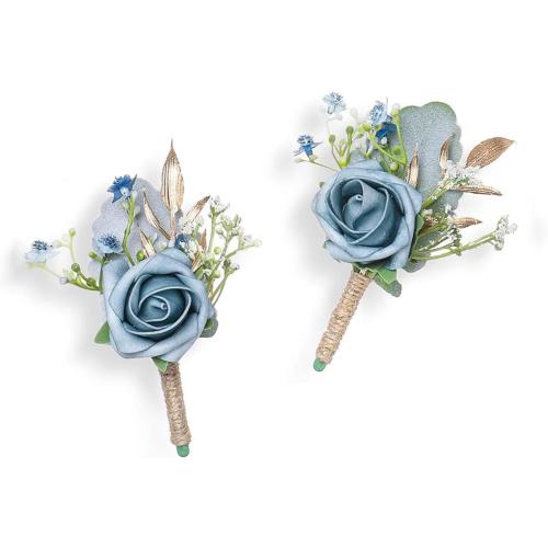 Rose Boutonnieres for Men Wedding Groom and Groomsmen Boutonniere for Rustic Fall Vintage Wedding Prom, Dusty Blue, Set of 2…