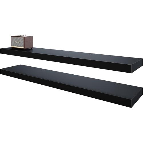BAMEOS Floating Shelves, Black Wall Mounted Wooden Shelves with Invisible Brackets Set of 2,47 x 9