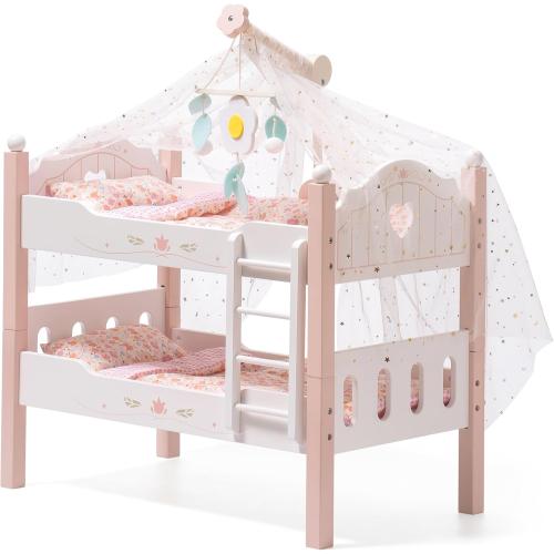 ROBOTIME Baby Doll Bunk Beds, Wooden Baby Doll Crib, Stackable Doll Bed Toy, High18 inch Dolls Furniture Fits American Girl 3  (Pink, 2 Pcs Beds)