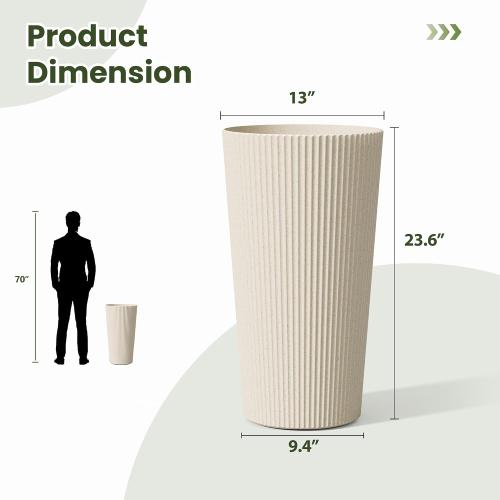 Tall Planters for Outdoor Plants Set of 2 - Fluted Large Outdoor Planters for Front Porch Decor with Drainage Hole, Plastic Round Flower Pots Fits Indoor Plants Patio/Garden, Beige