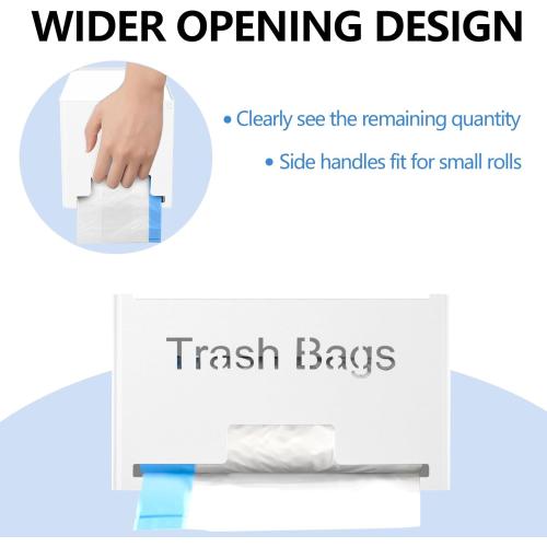 Size Large Trash Bag Holder Dispenser, Metal Garbage Bag Dispenser Roll Holder, Kitchen Trash Storage Organizer for Under Sink, Wall Mounted or Countertop, White