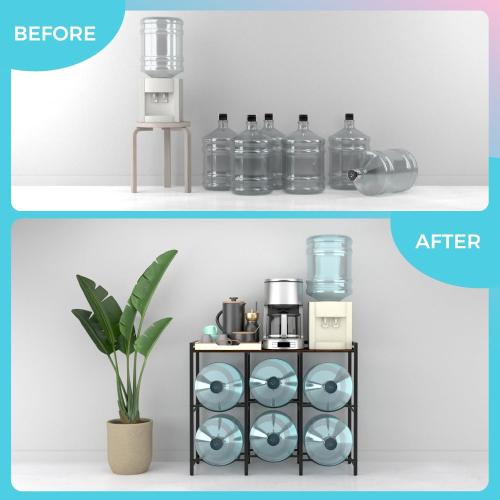 5 Gallon Water Jug Holder for 6 Bottles With Rustic Brown Wood Top Shelf - Heavy Duty Dispenser Stand for Home Kitchen/Office/Living Room