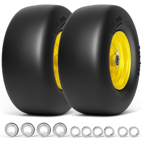 13x6.50-6 Lawn Mower Tires Flat Free, Zero Turn Mower Front Tires for Residential and Commercial, 13x6.5-6 Flat Free Tire and Wheel, 3/4 & 5/8 Bearing, 3.25-7.65 Center Hub, 2Pack Yellow