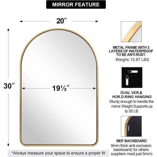 Size 20x30 Color  Gold ANDY STAR Brass Mirror, Size 20x30 Gold Arched Mirror, Brass Bathroom Mirrors for Wall in SUS304-Anti-Rust, Seamless Tube Metal Frame, Wall-Mounted Vertical 1’’ Deep
