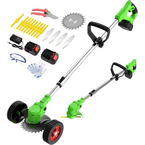 Electric Weed Wacker Eater Battery Powered, Cordless 21V Weed Trimmer with 2 Battery Operated & Charger & Wheels & Shears, 3 in 1 Lightweight Grass Trimmer/Edger/Brush Cutter for Garden Yard Lawn