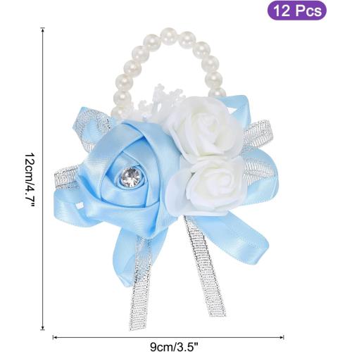 MECCANIXITY 12Pcs Wrist Corsage Artificial Flower Bracelets Rose Wrist Bride Groom Decorative for Wedding Ceremony Prom Party Anniversary Sky Blue