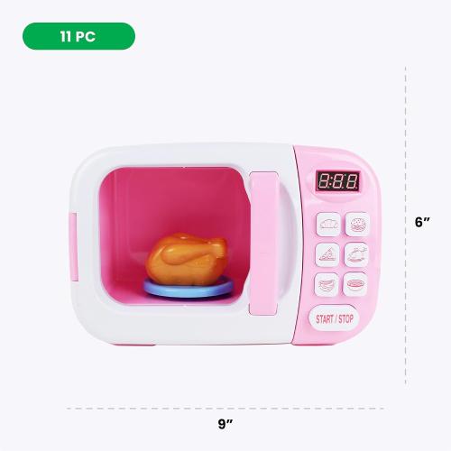 Boley Pink Microwave Playset - 11 Pc Light & Sound Pretend Play Kitchen Toys Set with Play Food for Kids Ages 3