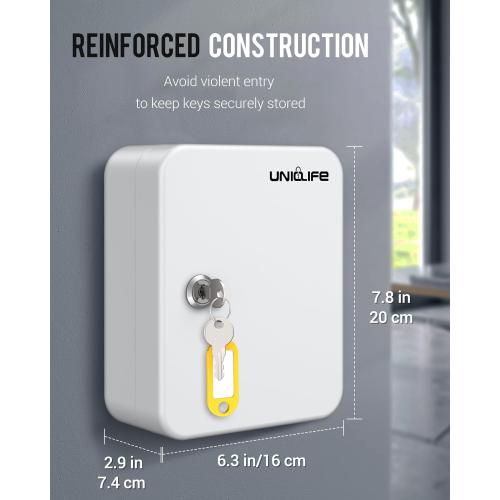 Uniclife 20 Position Key Cabinet with Key Lock Wall Mounted White Security Storage Box Steel Key Organizer with Colorful Key Tag Labels Identifiers Stickers and Hooks