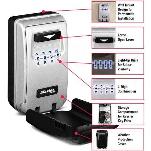 Master Lock 5425D Set Your Own Combination Wall Mount Lock Box with Light Up Dials, 6 Key Capacity, Black
