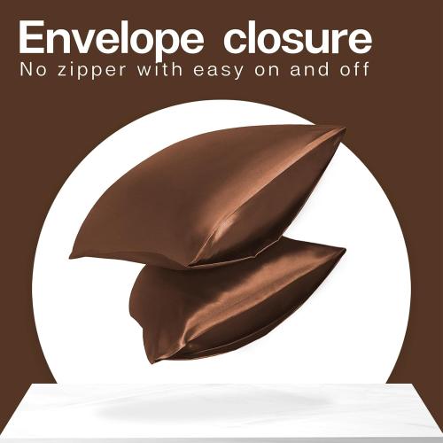 MR&HM Satin Pillowcase for Hair and Skin, Silk Satin Pillowcase 2 Pack, Standard Size Pillow Cases Set of 2, Silky Pillow Cover with Envelope Closure (20x26, Brown)