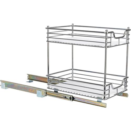 Household Essentials Glidez Multipurpose Chrome-Plated Steel Pull-Out/Slide-Out Storage Organizer with Plastic Liner for Under Cabinet Use - 2-Tier Design - Fits Standard Size Cabinet or Shelf, Chrome