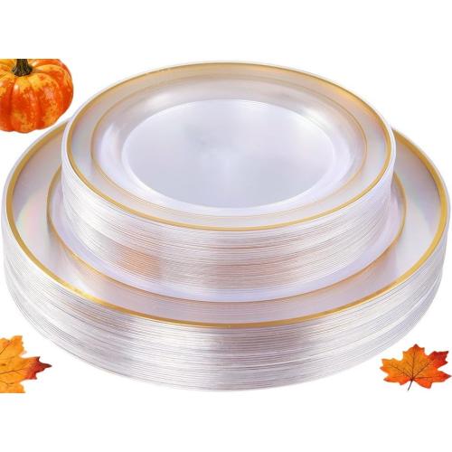 I00000 60 Pcs Clear Gold Plastic Plates, Gold Disposable Plates Includes: 30 Dinner Plate 10.25 and 30 Dessert Plate 7.5 , Premium Clear Plate Prefect for Wedding and Gold Plates Party/Birthday