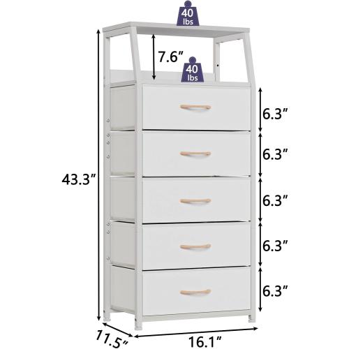 Furnulem White Dresser with 5 Drawers, Vertical Storage Tower Fabric Dresser for Bedroom, Hallway, Entryway, Nursery, Closet Organizer, Nightstand Bedside Table Furniture, Sturdy Steel Frame, Wood Top