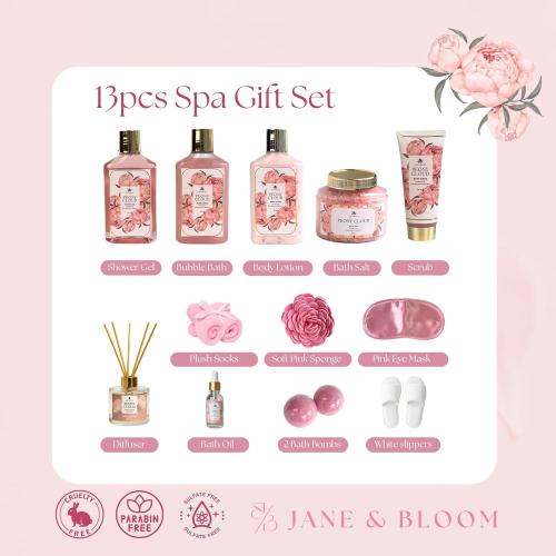 Christmas Spa Gifts for Women – Peony Cloud | 13-Piece Self Care Gift Set with Bubble Bath, Bath Bombs, Peony Diffuser, Lotion, Shower Gel, Bath Salt & More | Bath and Body Gift for Her Birthday
