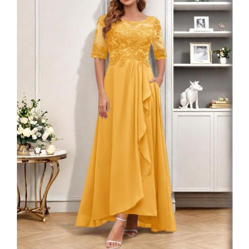 Size L Women's Half Sleeves Mother of The Bride Dresses for Wedding Lace Appliques Ruffled Chiffon Formal Evening Gowns