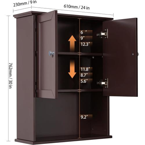 Bathroom Wall Cabinet Expresso Over Toilet Storage - 24x30 in Above Toilet Wood Medicine Cabinet with Adjustable Shelf & 2 Door Mounted Wall Cabinet