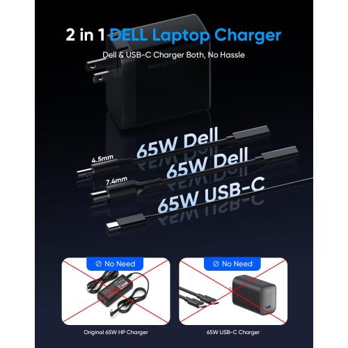 65W Dell Charger for Laptop, Dell Computer Charger USB-C for XPS, Inspiron, Latitude and Vostro Models, Power Cord 4.5 * 3.0 mm and 7.5 * 3.0 mm Compatible with Both 65W 45W (Foldable AC Plug)