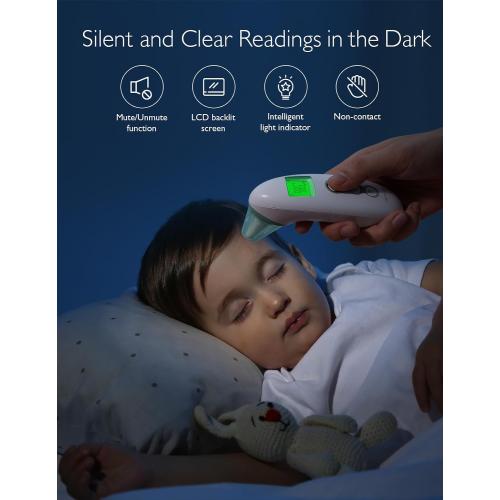 White Momcozy Non-Contact Forehead and Ear Thermometer, Digital Infrared Thermometer for Adults and Children, with Child Mode, Fever Alarm Function, Mute and Memory Functions, Fast and Accurate Measurement