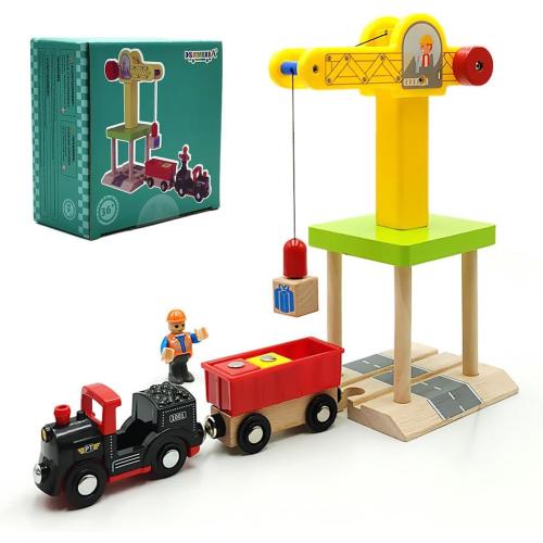 Wooden Train Track Accessories Wooden Crane Toy Set with Train Cars for 3 4 5 Year Old Boys Kids Other Major Wooden Rail Brands are Compatible (Multi-Function Crane)