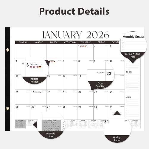 2026 Desk Calendar, Large Desk Calendar 22 x 17 (Jan 2026 - Jun 2027) Monthly Desktop Wall Planner for Family Teacher School Office Supplies, Black-White