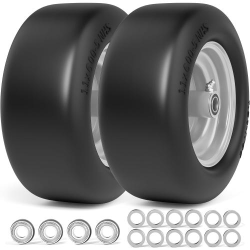 11x6.00-5 Flat Free Tires, Zero Turn Mower Front Tires, 11x6-5 Solid Mower Wheel for Residential and Commercial, With 5/8 and 3/4Bearing, 6- 8 Center Hub, 2Pack Gray, Load 400lbs