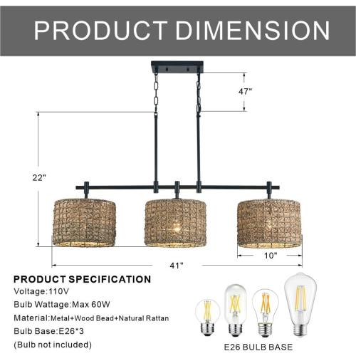 Rattan Chandeliers for Dining Room,Farmhouse Handed Woven 3-Light Linear Pendant Light Fixtures for Kitchen Island Living Room