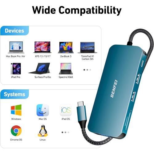 BENFEI 11-in-1 USB C Hub Triple Display Docking Station Dual HDMI, VGA, 3*USB 3.0, 1Gbps Ethernet, 100W Power Delivery, SD/TF Card Reader, 3.5mm AUX Audio Compatible with MacBook XPS Surface