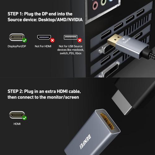 BENFEI 4K DisplayPort to HDMI Adapter Cable, (2K 60Hz, 1080p 120Hz) Uni-Directional Display Port to HDMI Monitor Converter Compatible for HP, Dell, GPU, AMD, NVIDIA, More. Male to Female