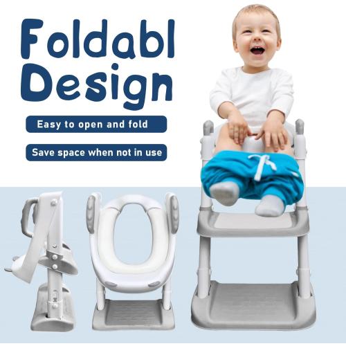 Potty Training Seat with Ladder Foldable Toilet with Splash Guard Non-Slip Potty Chair for Kids Toilet Seat with Step Stools (Gray)