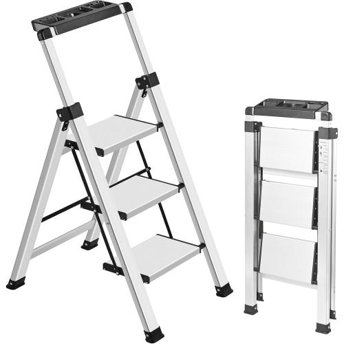 XinSunho 3 Step Ladder, Retractable Handgrip Folding Step Stool Ladders with Anti-Slip Wide Pedal, Aluminum 3 Steps, 330lbs Safety Household Ladder