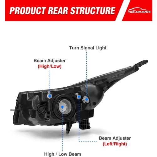 Compatible with Chevy 2011-2015 Cruze LS/LT/LTZ Black Housing Headlight Assembly fit 2016 Cruze Limited Matte Clear Lens Headlamp Replacement Driver and Passenger Pair（W/O Bulbs）