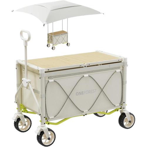 Color beige ONEFOREST Collapsible Wagon Cart with Canopy Tent, Portable Large Capacity Foldable Wagon Cart, Heavy Duty Garden Cart with Wheels for Camping Sports Beach Backyard and Picnics, Beige