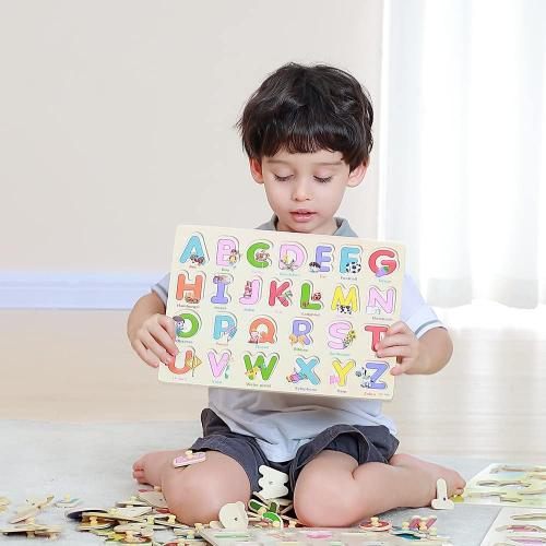 GRINNNIE Wooden Montessori Toddler Puzzles for 3 4 5 Years Old, 3 Pcs (Number, Letter, Shape) Kids Preschool Educational Peg Puzzle Set