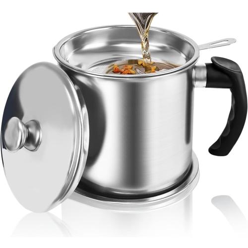 , Stainless Steel 304 Oil Storage Saver for Store Meat Frying Oil and Cooking Grease Storage (Silver, 1.3 L)