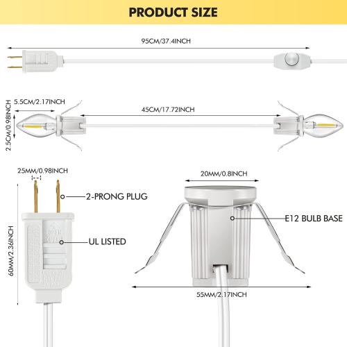 Leelosp Accessory Cord with LED Bulbs, 14.8 ft White Cord with C7 Lamp, On/Off Switch Plug, Spare Fuses, Female/Male Plugs, Village Light for Halloween Christmas Indoor Decor Craft Project (6 Light)