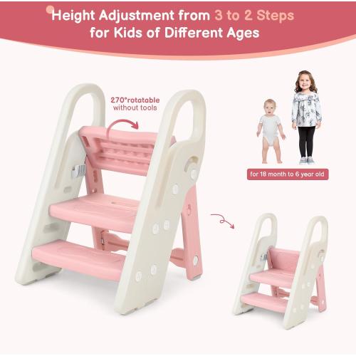 Onasti Foldable Toddler Step Stool for Bathroom Sink, Adjustable 3 Step Stool for Kids Toilet Potty Training Stool with Handles, Child Kitchen Counter Stool Helper, Plastic Ladder for Toddlers Pink