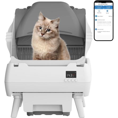 Automatic Cat Litter Box Self Cleaning - App Control, Open-Design, Smart Health Monitor, Suitable for Medium Cats and Kittens, Anti-Pinch Safety, Quiet Operation - Light White