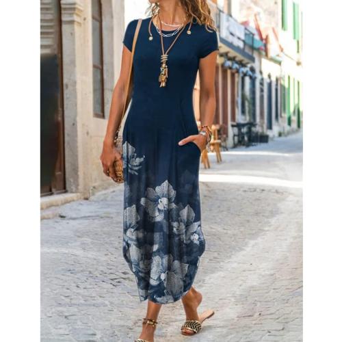 AHAIJ Women Summer Casual Maxi Dress Floral Printed Loose Pockets Short Sleeve Split Boho Dresses size medium