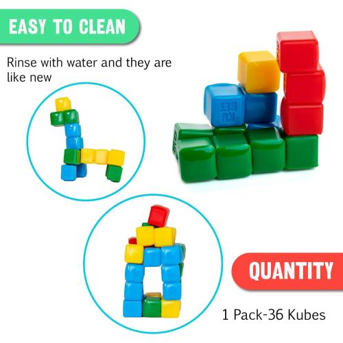 KOMARC GAMES StickiKubes, Mini Stacking Cubes That Stick to Anything, Non Toxic Kid Safe Sticky Blocks, Creative Construction Toy - 36 Cubes, 4 Colors, Display Easel