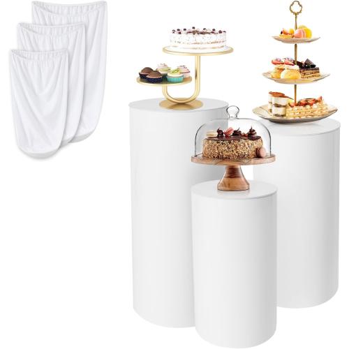3Pcs Cylinder Stands for Party Round Pedestal Stand with Spandex Covers & Weighted Base - for Birthday Wedding Party Outdoor Indoor Decor (White)