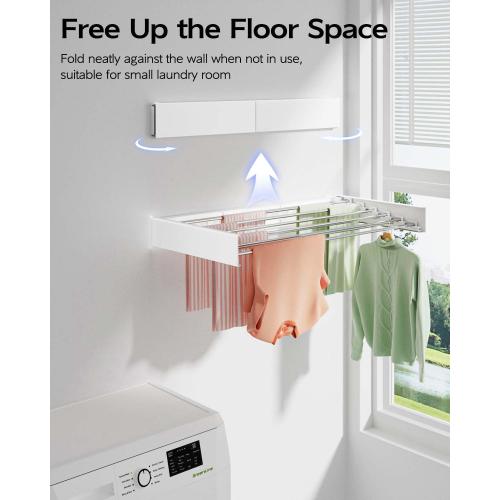 Wall Mounted Clothes Drying Rack 40 inches, Foldable Wall Mount Laundry Rack Folding Indoor, Drying Rack Clothing Collapsible, Hidden Space Saver with Wall Template, 6 Rods, White