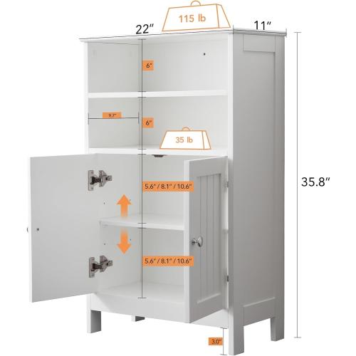 35 Bathroom Floor Cabinet with Doors - Freestanding Storage Cabinet for Bathroom, Laundry Room & Kitchen, Adjustable Shelves, Scratch-Resistant White Finish (22x11x35.8 Inch)