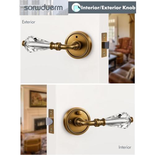 1 set of Antique Brass Glass Door Lever Privacy Crystal Door Levers Door Lever Interior Door Handle for Bedroom and Bathroom,Zinc Alloy