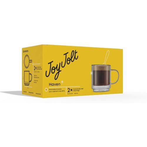 JoyJolt Haven Stackable Fluted Glass Mugs, Set of 2 Ribbed Double Wall Insulated Coffee Cups, 13.5oz Clear Mugs