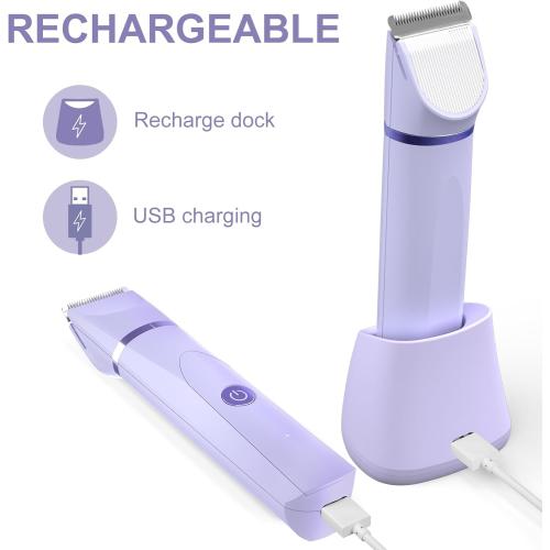 OLOV Electric Body Hair Trimmer - Groin Trimmer for Men - Bikini Trimmer Women - Wet/Dry Shaver Groomer, Replaceable Ceramic Blade Heads, USB Recharge Dock, Waterproof Hygiene Razor,Purple