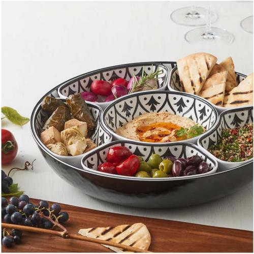 Lazy Susan Large 7 piece Serveware Set with Lid for Dining and Party - Condiment Salad Chips Nachos Pita or Taco Preperation Set - Cheese Platter (1, Black 7- piece Serving Set)