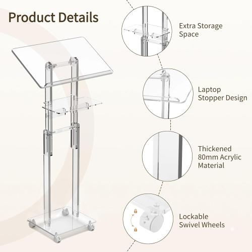 Acrylic Podium Stand Portable, Rolling Podium with Wheels, Clear Podium with Storage Shelf, Lockable Wheels, Adjustable Height pulpits for Churches, Classroom, Weddings, Speech