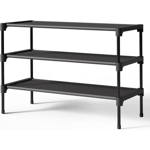 Kitsure Shoe Rack - Non-Woven Shoe Rack Shelf, Shoe Organizer for Closet, Entryway, Garage & Corridor, Stackable Shoe Shelves, 27.5 Wide - 3 Tier, Black